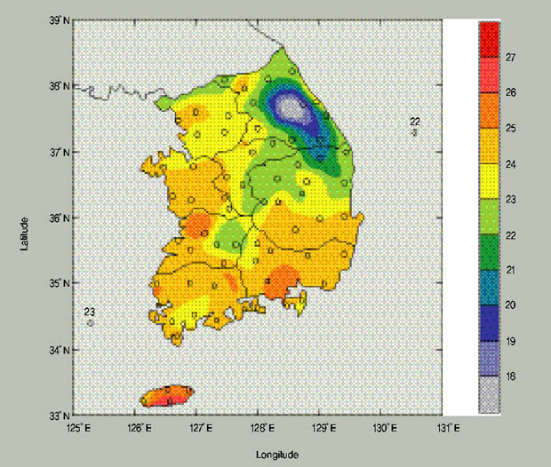 그림 11. 평균기온 분포도(2002.8) 이미지