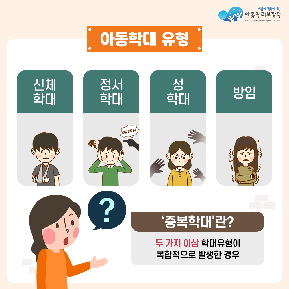 아동권리보장원 아동학대 유형: 신체학대, 정서학대, 성학대, 방임  중복학대 란? 두 가지 이상 학대 유형이 복합적으로 발생한 경우